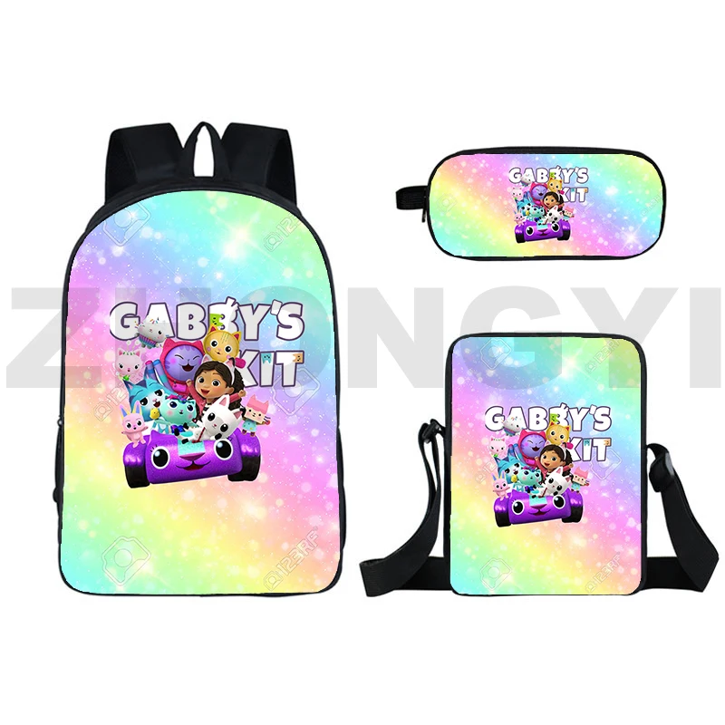 

3 in 1 Kawaii Anime Gabby's Doll House Backpacks Preppy Style Cartoon Bookbag Cute Gabbys Dollhouse Big School Bags for Girls