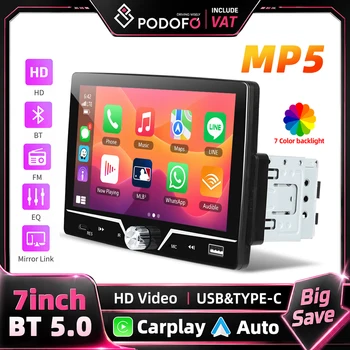 Podofo - Reproductor MP5 Estéreo para Auto de 7 Pulgadas y 1 Din, Carplay con Cable, Android Auto, Mirror Link, Control del Volante, Radio FM, EQ, USB Tipo C, BT, Radio para Auto, Reproductor Multimedia, Compatible con Cámara de Visión Trasera, Estéreo para Auto 1