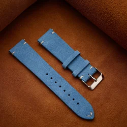 Vintage Brown Genuine Suede Leather Watch Strap with Quick Release - 22mm (Light Blue)