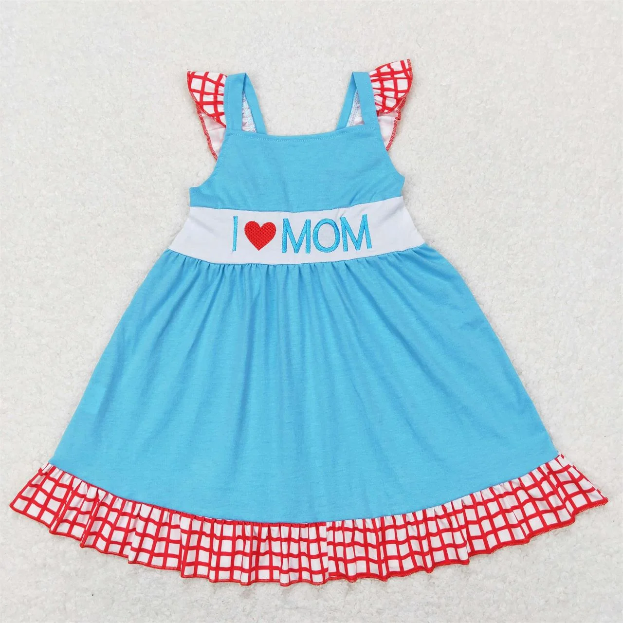 

Оптовая продажа, детское платье с вышивкой «I Love Mom» для маленьких девочек, детское платье до колена, синяя хлопковая одежда с оборками