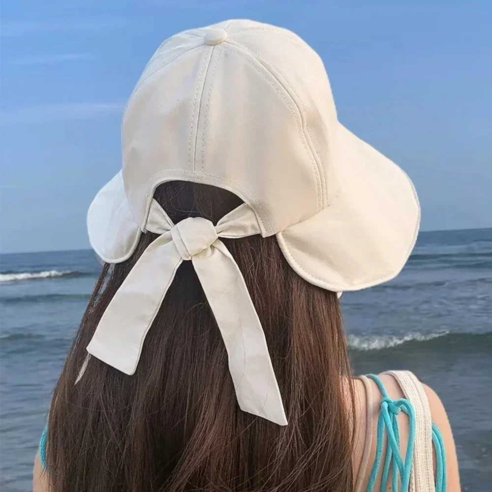 여성용 햇빛 넓은 챙 접이식 모자, UV 목 보호, 해변 활 버킷 모자, 포니테일 여행 파나마 모자, 여름
