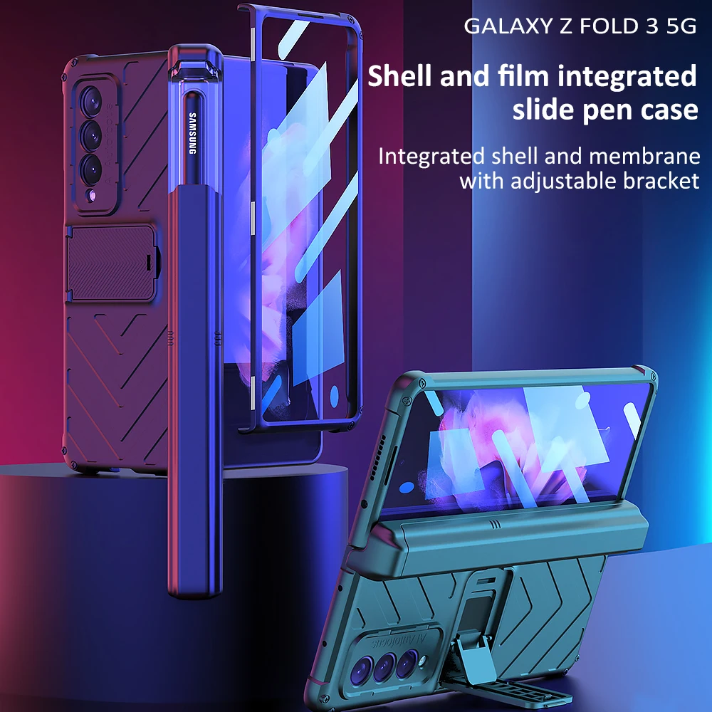 

New Heavy Duty Armor Magnetic For Samsung Galaxy Z Fold 3 5G S-Pen Slot Hidden Kickstand Screen Protector CASE Cover