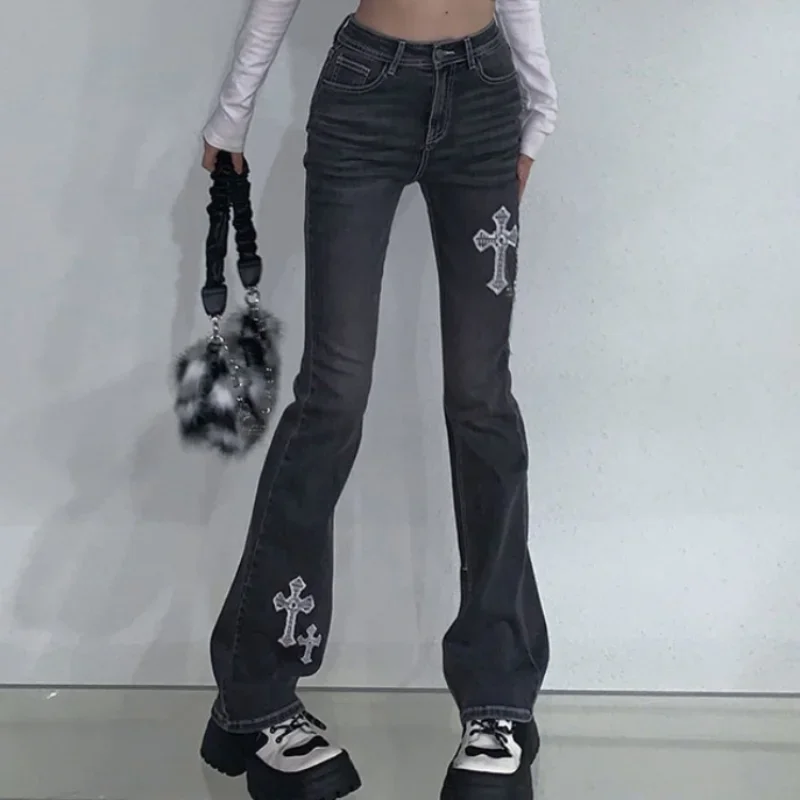 Women Streetwear Y2k Cross Harajuku Gothic High Waist Chic Denim Pants Embroidery Slim Flare Pants Female Vintage Jeans Trousers