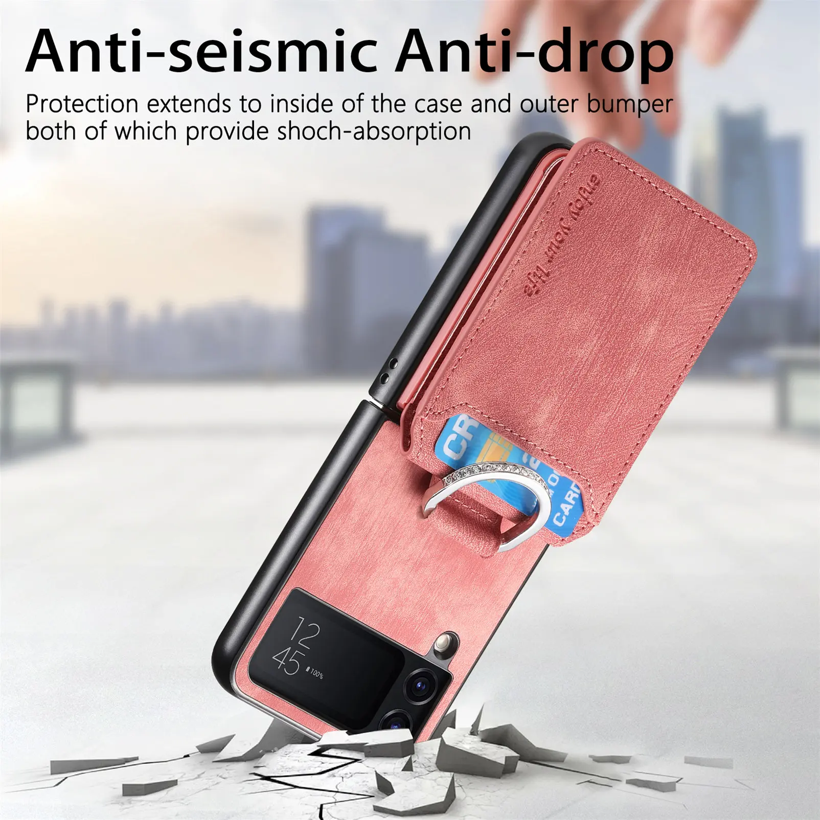 Leather Wallet Case with Vertical Card Slot and Ring Holder - Flip Stand Cover and Pocket Bag