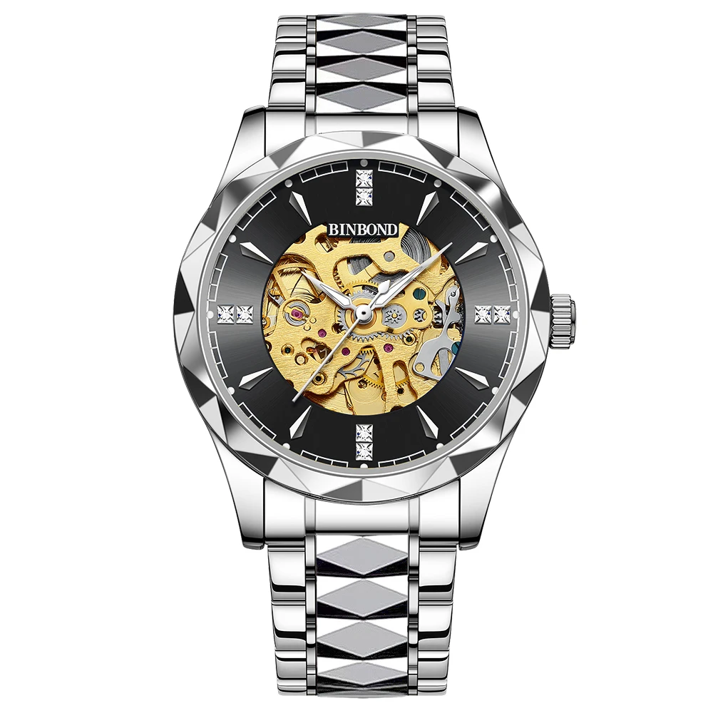 

BINBOND Mechanical Watch for Men Steel Strap Waterproof Luminous Automatic Skeleton Mens Watches Top Brand Luxury Reloj Hombre