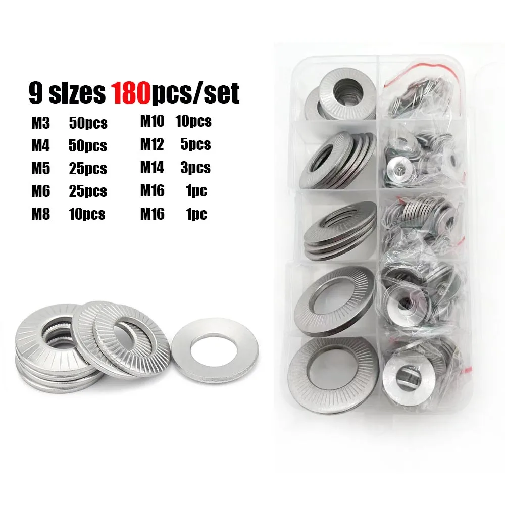 180pcs/set M3 M4 to M16 NFE25-511 304 Stainless Steel Disc Spring Serrated Lock Washer Knurled Elastic Gasket Assortment Kit Set