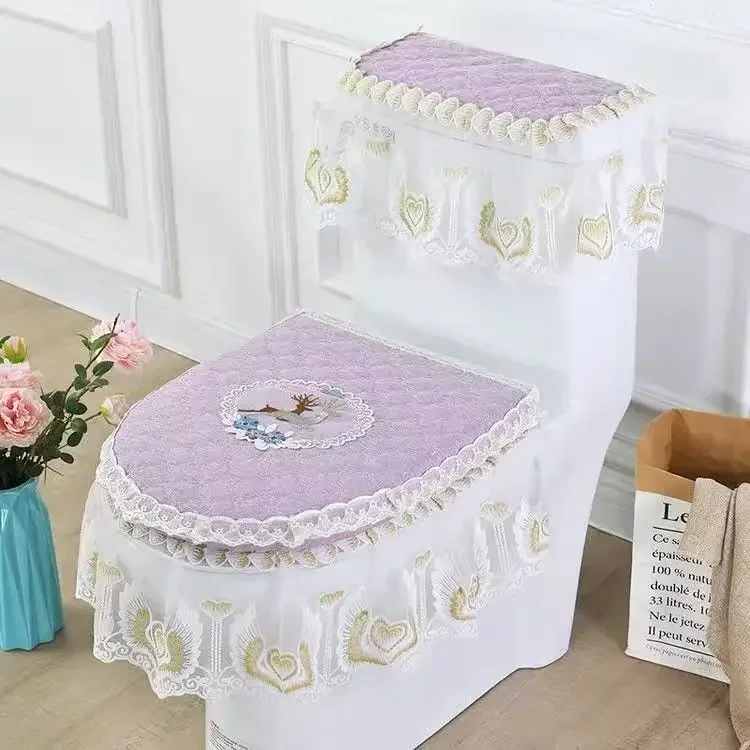 Four Season Household Toilet Dust Cover Embroidered Fabric Toilet Three Piece Set U-shaped Zipper Double-sided Lace Seat