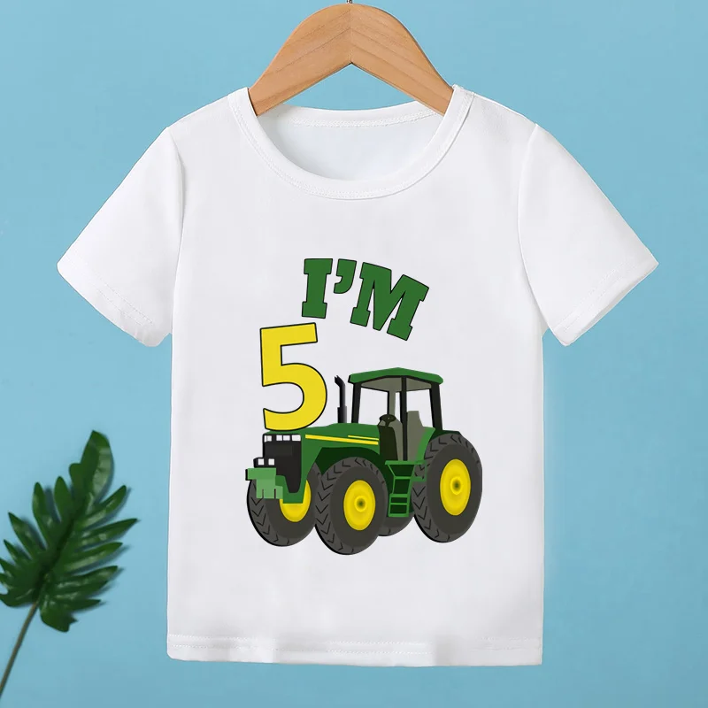 Farm Tractor Car Print Happy Birthday Cartoon Kids T shirt 1 2 3 4 5 6 7 8 9 Years Girls Clothes Baby Boys Short Sleeve T-Shirts 5