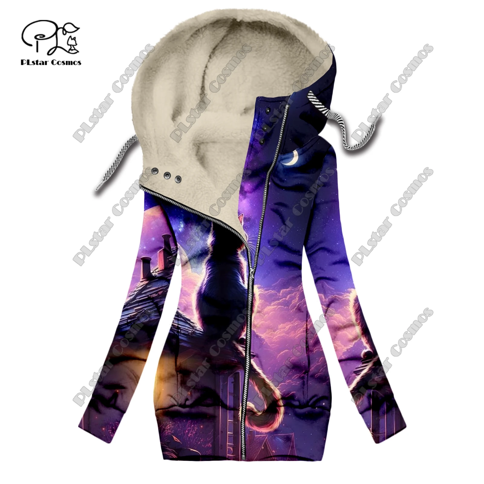New 3D printed animal series cute cat pattern velvet warm women's long zipper hoodie coat commuting casual winter M-2