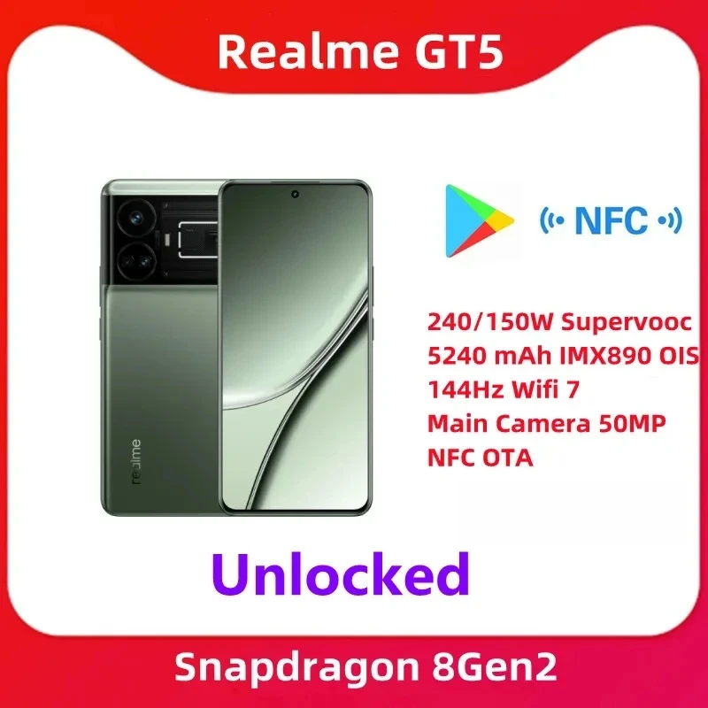 Global Rom Optional realme GT5 Unlocked Snapdragon 8 Gen 2 240W/150W  Supervooc IMX890 OIS 144Hz Wifi 7 Main Camera 50MP NFC