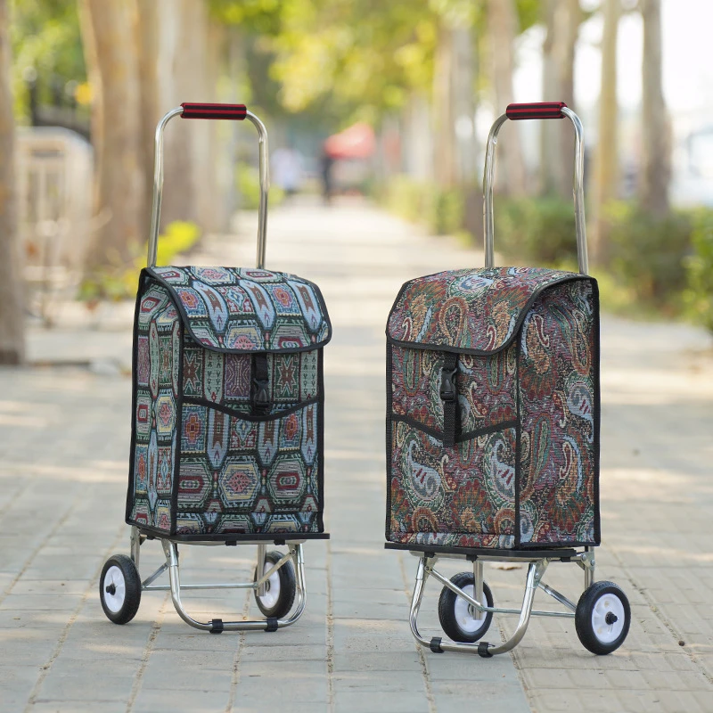 Shopping cart folding supermarket vegetable market shopping cart Oxford stainless steel frame pull rod truck