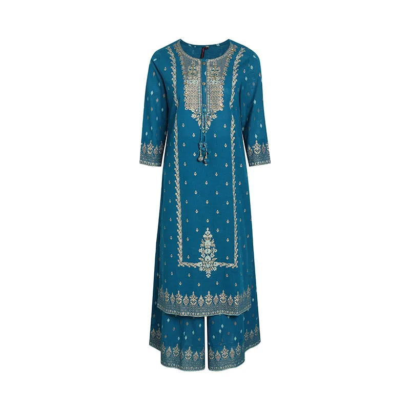 Indian Apparel Women\'s Ethnic Set 2-Piece Cotton Printed Navy Blue Indian Traditional Dress Cotton Printed 3-piece Suit
