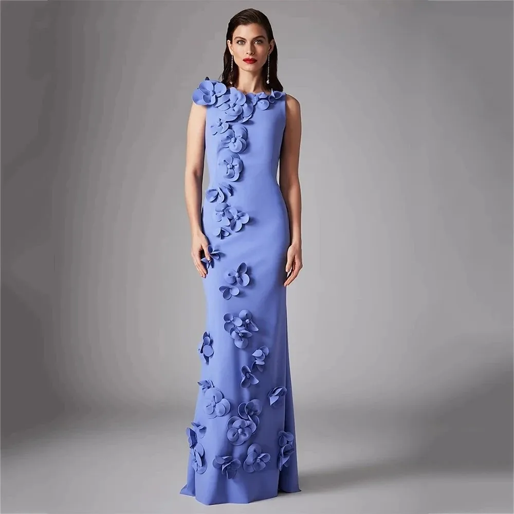 

Elegant blue round neck straight satin 3D flowers sexy slim-fit backless color luxury ladies party custom evening dress ML-114
