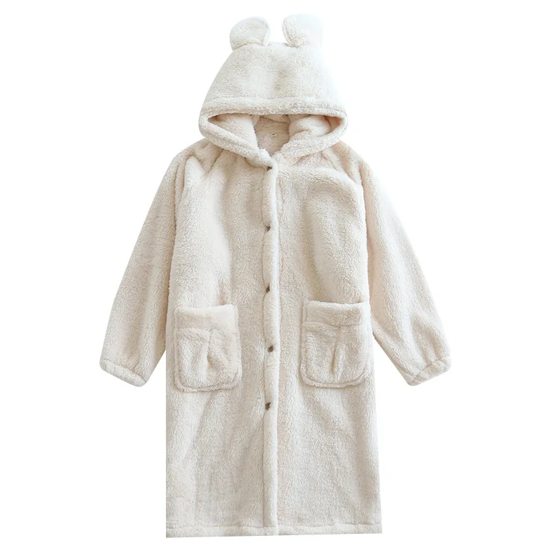 Autumn and Winter Flannel Robe for Women Nightgown Thickened Sleepwear Warm Japanese Solid Color Long-haired Home Service Pajama