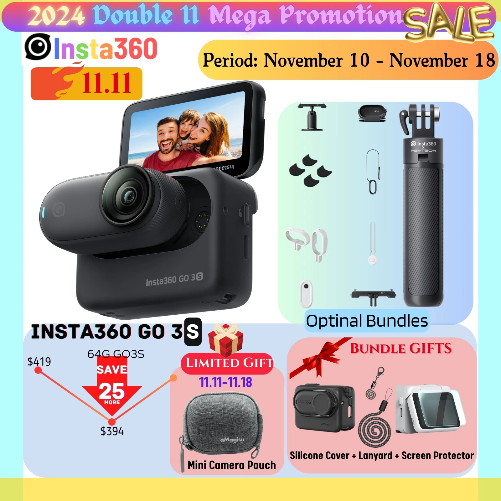 Insta360 GO 3S Tiny 4K Action Camera 39g 64G 128G Action Pod AI Editing Waterproof FlowState Insta 360 GO3S Original action camera