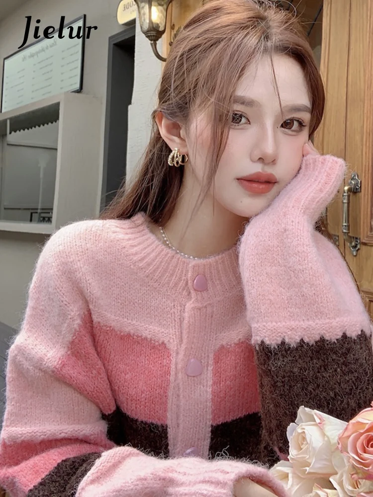 

Jielur Spell Color Knitted Cardigan Women Autumn Retro Loose Outer Wear Short Sweater Single-Breasted Wool Pink Sweater O-neck