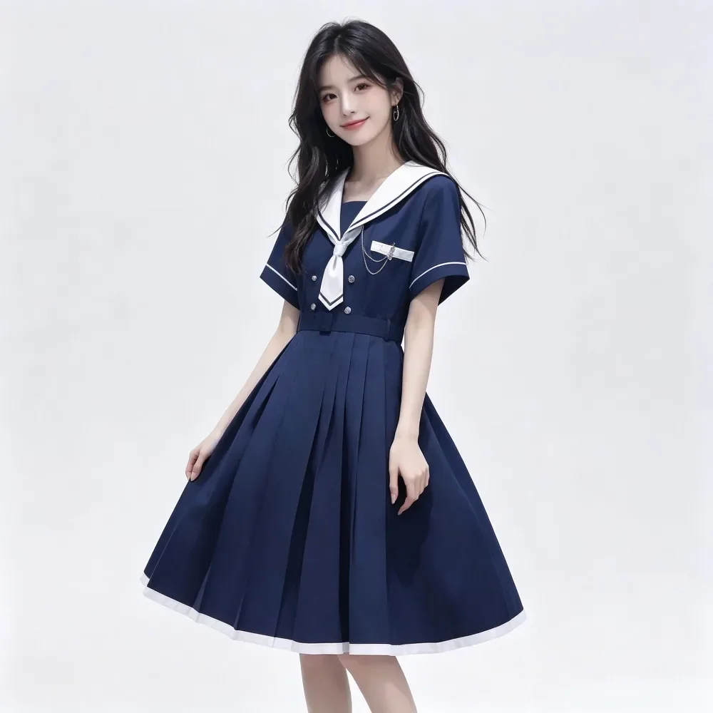 슬림 웨이스트 일본식 JK 선원복, 여성용 미디 길이 A라인 주름 학교 교복, ..