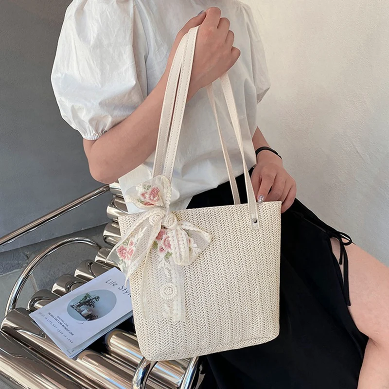 Damen Sommer Strohs ack Spitze Bowknot Rattan Tasche große Kapazität Freizeit Einkaufstasche Strand Reise Einkaufstasche