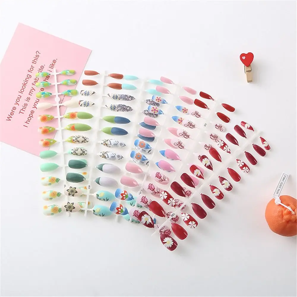 24Pcs Flower Painting Nails Top Forms Painted Nails Manicure Fake Nails Nails Coffin Nail Tips Short False Nails