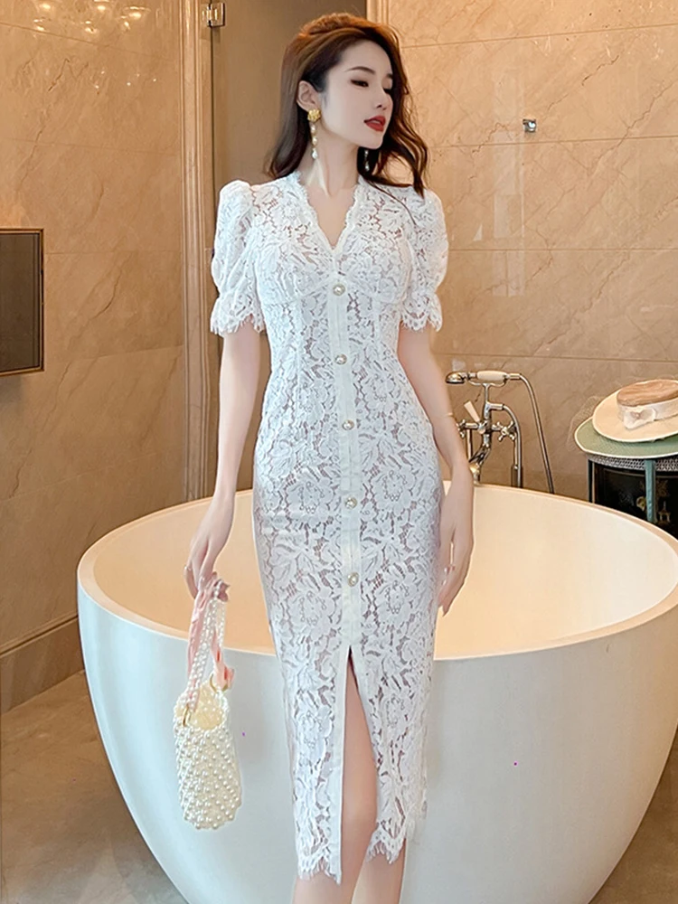 

Summer Fashion Women Evening Dress Mujer Lace Retro Sexy Puff Sleeve Slim Slit Midi Dresses Gown Vestidos Fiesta Boda Invitada