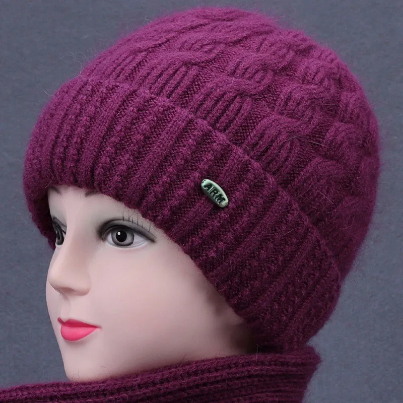 Winter Knitted Beanies Cap For Elderly Women Mom Elegant Ear Protection Thicken Wool Velvet Hat Party Gift Outdoor Cap