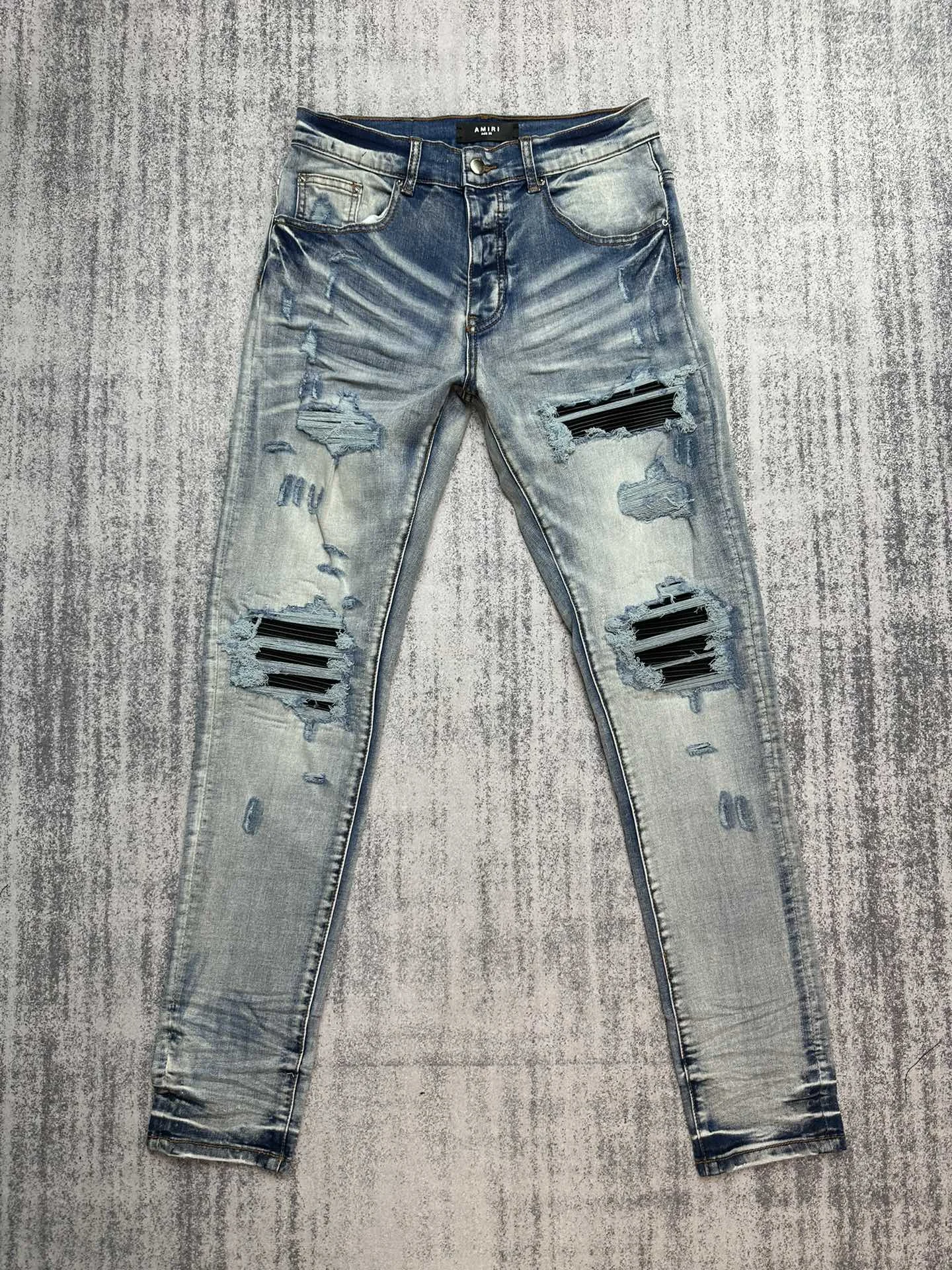 

Blue Mens brand pants Jeans Men Stretchy Ripped Skinny Biker Embroidery Print Jeans Destroyed Hole Taped Slim Fit Denim Jeans