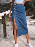 Benuynffy Sexy Streetwear Button Women Skirt Autumn Winter Elegant Denim Skirt Female High Waist Casual Bodycon Long Skirts - Image 4
