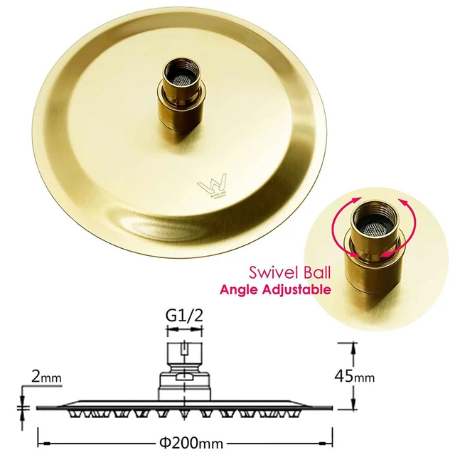 Kins หัวฝักบัวพวยบนหัวแปรงทอง8นิ้ว200มม. หัวฝักบัวอาบน้ำกลม304สแตนเลสบางพิเศษ KSR108.BG 5