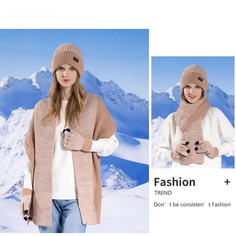 Premium Hat Glove Scarf Three Piece Set Winter Outdoor With Fleece Insulation Ear Protection Knitted Yarn Wool Hat Men Female
