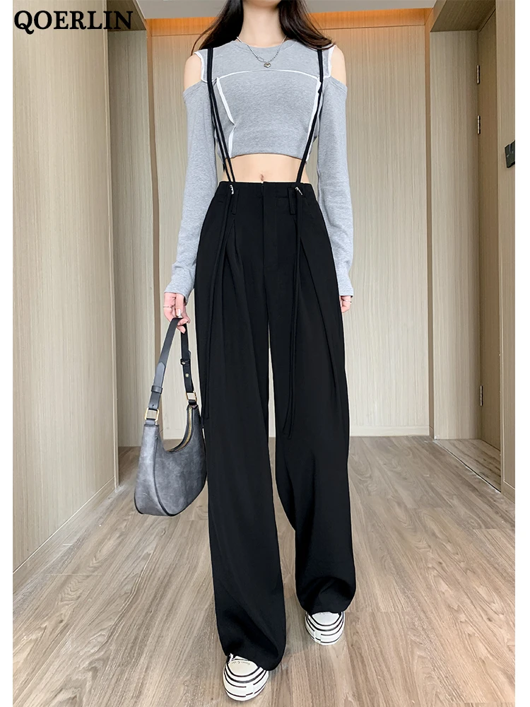 QOERLIN Suit Pants Women Spring Office Lady Grey Wide Leg Trousers Solid  High Waist Pleated Strap Pants Elegant Woman Clothing