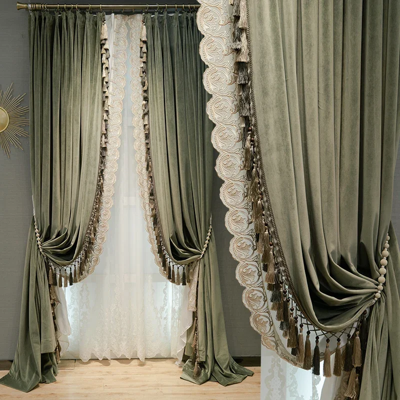 

Tassel Embllishment Velvet Blackout Curtains for Living Room Bedroom Retro Lace Spliced Window Curtain Embroidered Tulle Custom