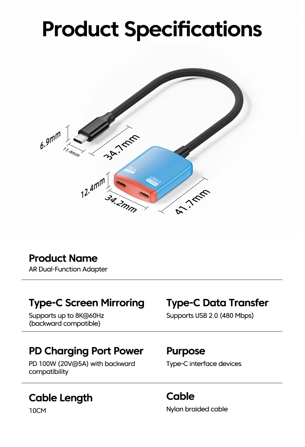 USB C 2 in 1 Converter PD100W Charging 8K@60Hz Video Full-Function Charging Transmission Line Suitable for AR XR Glasses Laptop