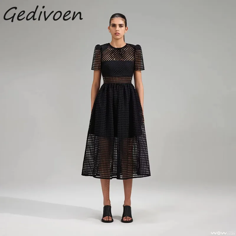 

Gedivoen Summer Fashion Designer Party Vintage Black Dress Women O-Neck Bow Plaid Hollow Out Perspective Ruched Slim Midi Dress