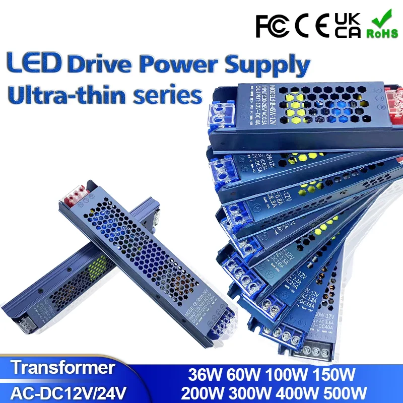 변압기 LED 드라이버 전원 공급 장치, LED 스트립 조명용 초박형 컨버터, AC110V, 220V, DC12V, 24V, 36V, 48V, 60W, 100W, 200W, 300W