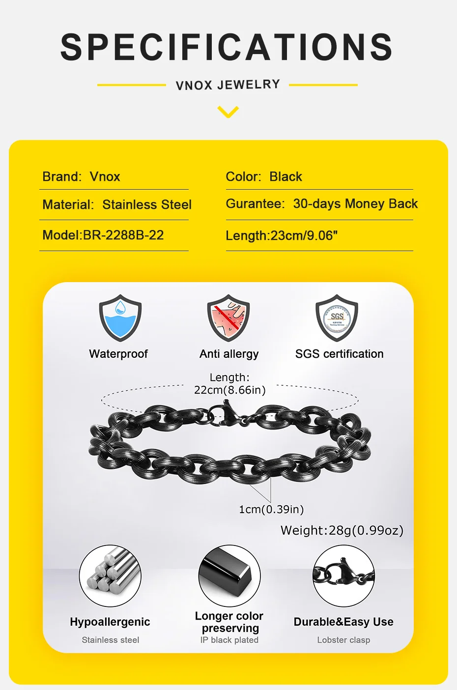 Vnox Personality Matte Surface Finish Bold Rolo Chain Armbänder für Herren, schwarzes Punk-Links-Armband aus Edelstahl – Detail 5