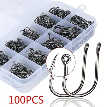 100pcs Fishing Hook Stainless Steel Carbon Fishing Hook With Loop Sharp Barbed Boxed Fishing Hook Set Sea Fishing Accessories