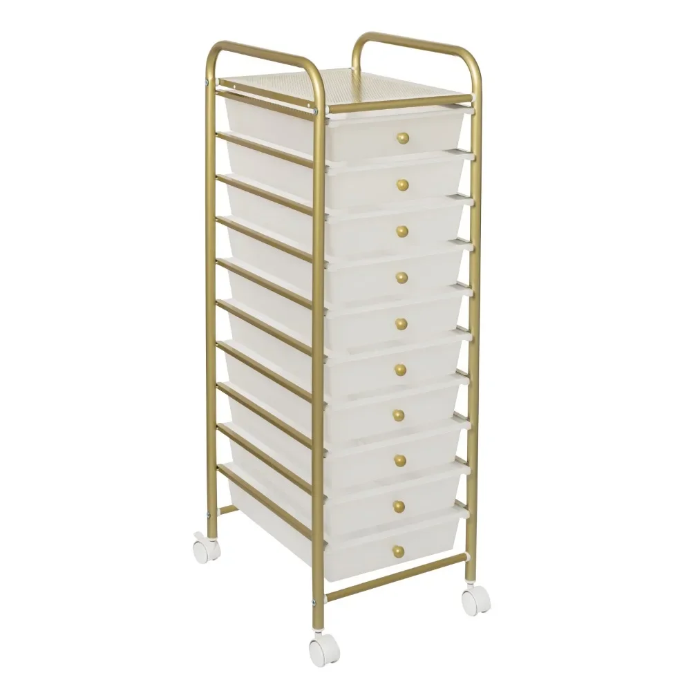 

10-Drawer Rolling Storage Cart With Plastic Drawers, Gold