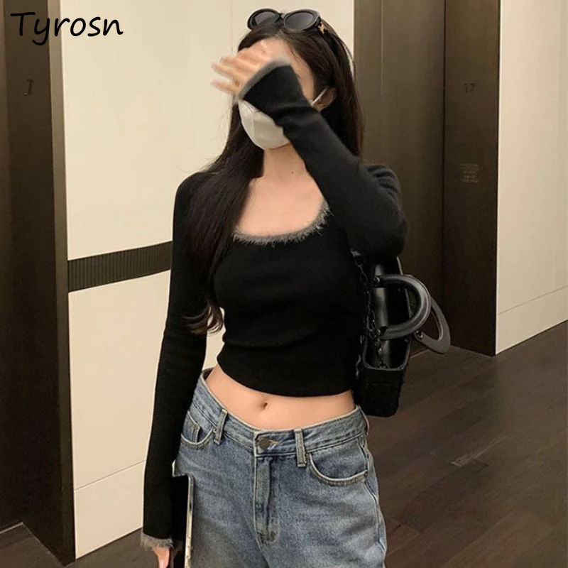 

Pullovers Women Knitting Design Simple All-match Slim Cropped Cozy Daily Autumn Square Collar Tender Elegant Korean Style Basic