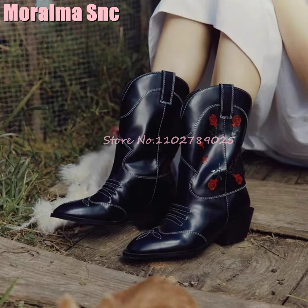 

Fashion Rose Pointed Toe Western Boots Block Mid Heel Slip On Embroidery Flower Decor Women Ankle Boots Spring Autumn Black 2024