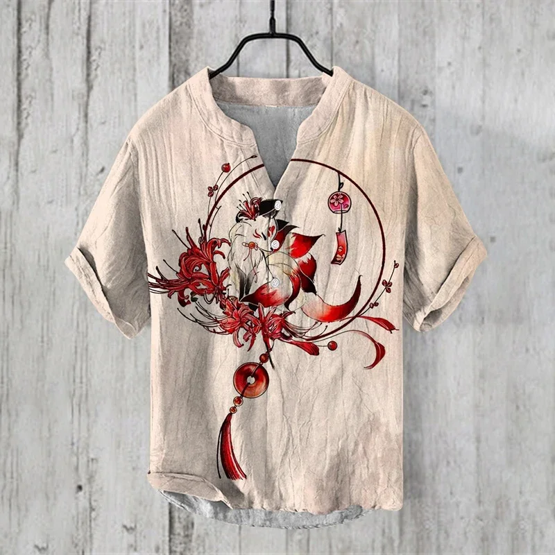 new clothing summer Man Casual v-neck Shirt short Sleeve Band Collar Henley Shirt fashion art illustration print Tops