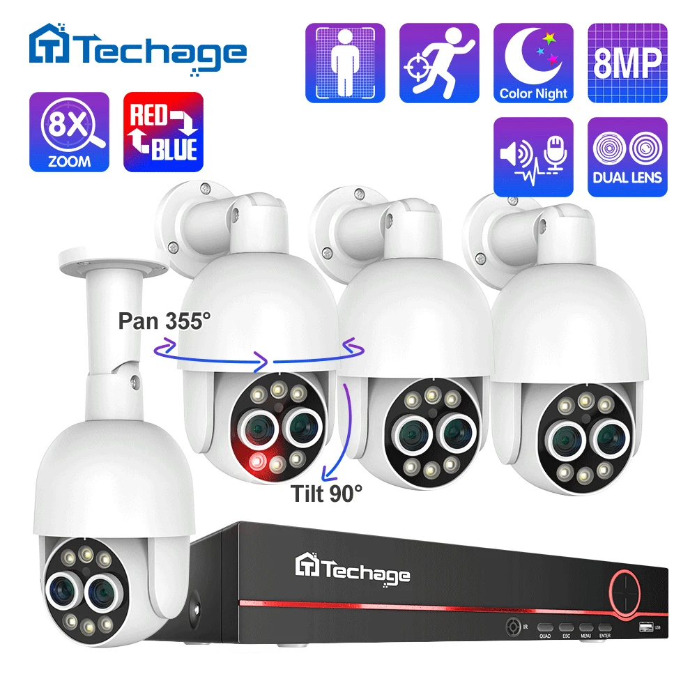 

Techage 8CH двойной объектив 4MP + 4MP PTZ POE система камер 8X микс Обнаружение людей H.265 AI CCTV видео безопасности комплект красочная ночь