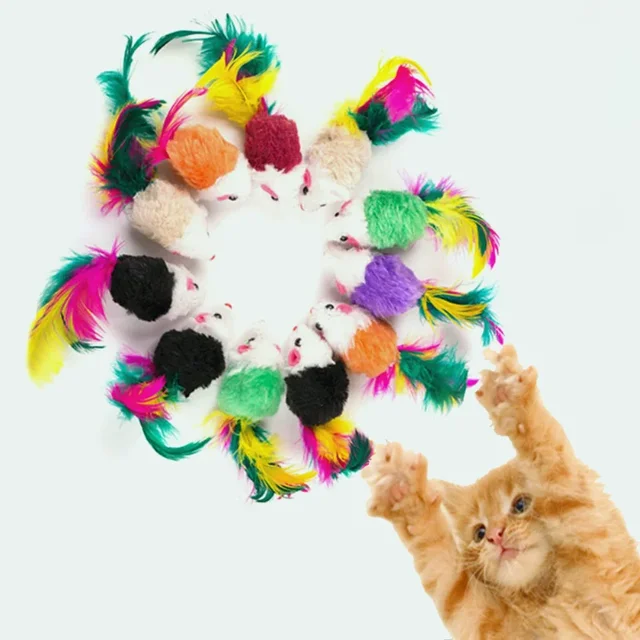 1PC Cat Interactive Cute Soft Wool Fake Mouse Colorful Feathers Fun Play Training Cat Kitten Pet Supplies