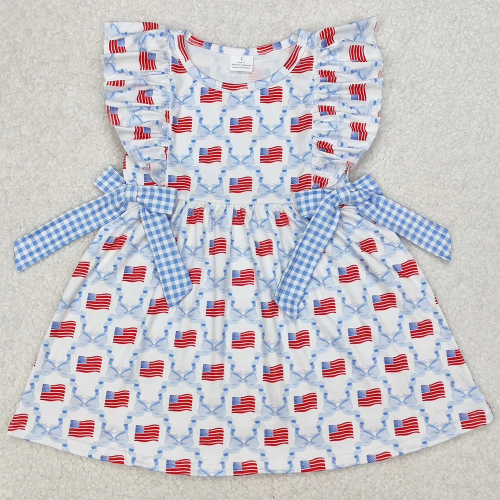 Hot Sale Baby Girls Dress Blue Bows Flag Knee Length Dresses July 4th Boutique Toddler Girls Dress Summer Kids Clothing