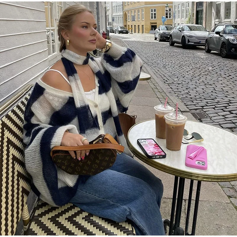 Loose Mohair Striped V-neck Cardigan Women With Scarf Fashion Lantern Sleeve Single Breasted Knitwear Casual Lady New Streetwear