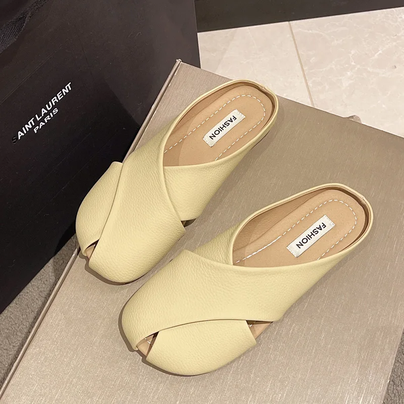 Women Flat Slippers Shoes Summer Peep Toe Leather Flat Sandals Mules Casual Shoes