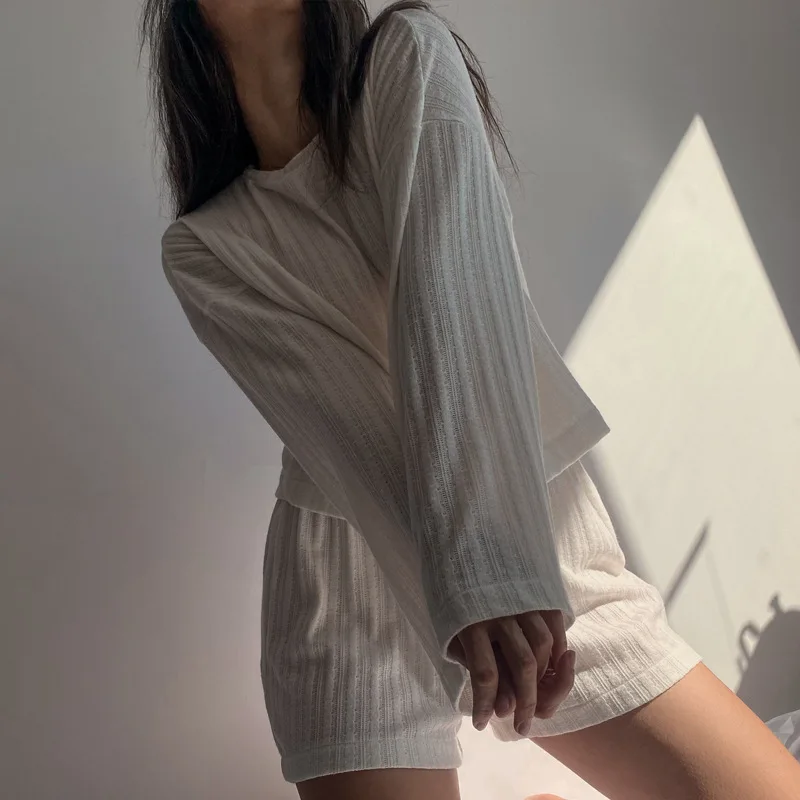 2024 Spring and Summer Casual Set Sexy Navel Dew Waist Pure Color Fresh Long Sleeve Shorts Women's Two Pieces Set
