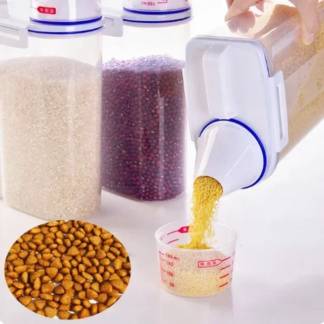 1.5kg/2kg Dog Cat Food Pail Plastic Storage Tank with Measuring Cup Container Moisture-proof Sealed Jar Pet Supplies Accessories 4