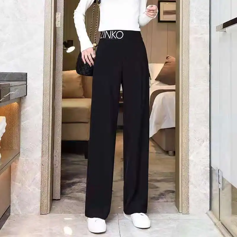 Korean Women Fashion Straight Sweatpants Spring Summer New Thin Ice Silk Versatile Black Elastic High Waiste Casual Trousers 3XL