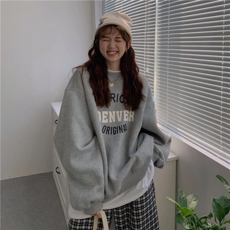 Retro Korean Loose Long Sve round Ne Sweatirt Women's Lazy Sle Comfortable Polyester Fiber Printed Hoodie