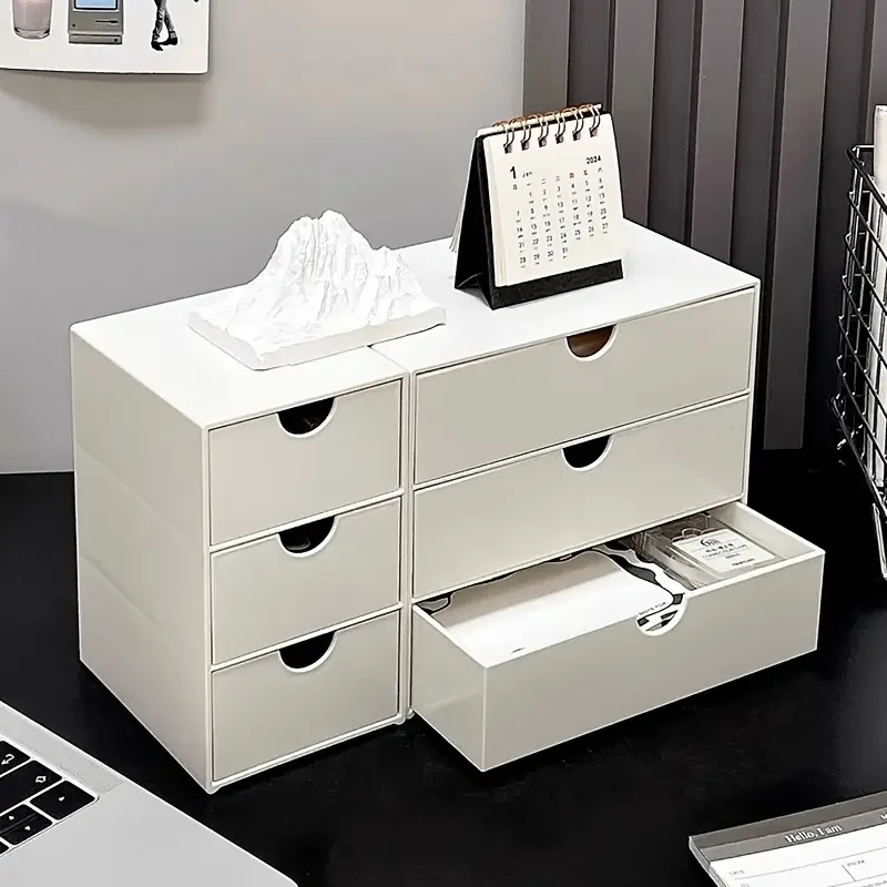 3-layer Stackable Plastic Storage Drawer Rack Desk Organizer Stationery Boxes Accessories Office School Supplies White